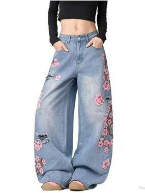 High Waisted Wide Leg Baggy Jeans with Cherry Blossom Embroidery